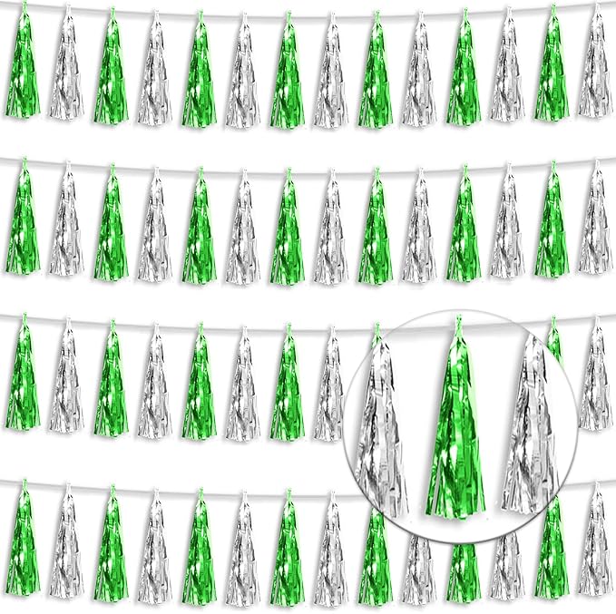 4P Green Silver Foil Fringe Tassel Banner Garland Metallic Tinsel Streamers Wall Hanging Curtain Backdrop Banner for Parade Floats, 2024 Graduation Decorations, Father's Day Party Decoration