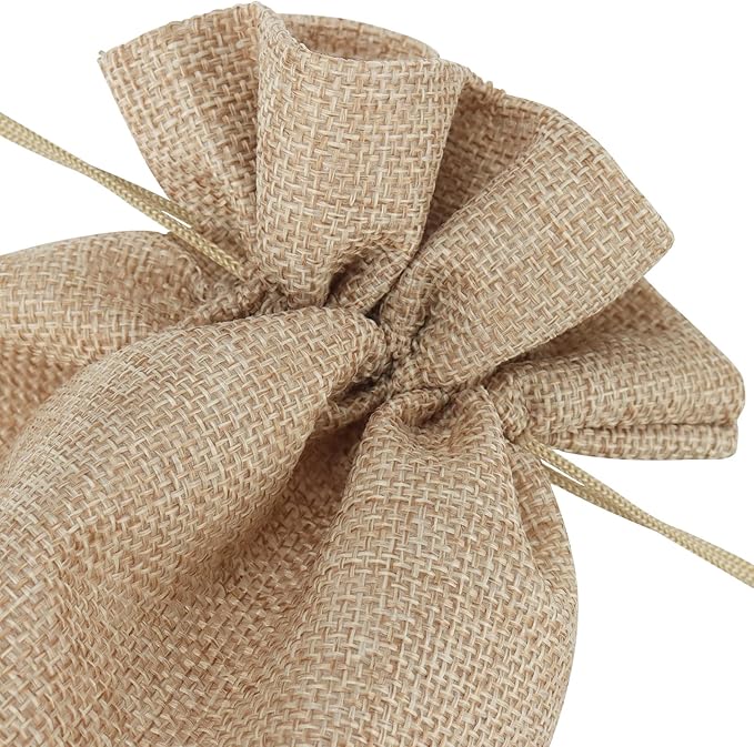 Gift Bags, 8 x 12 Inch Light Brown Linen Drawstring Bags, Pack of 30