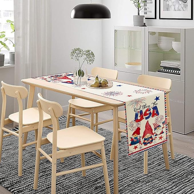 Cute Patriotic Gnomes Table Runner, American Independence Day 4th of July Gnome Blue Red Fireworks Confetti Print Table Runner for Home Kitchen Dining Table Party Decor, 13x90inch