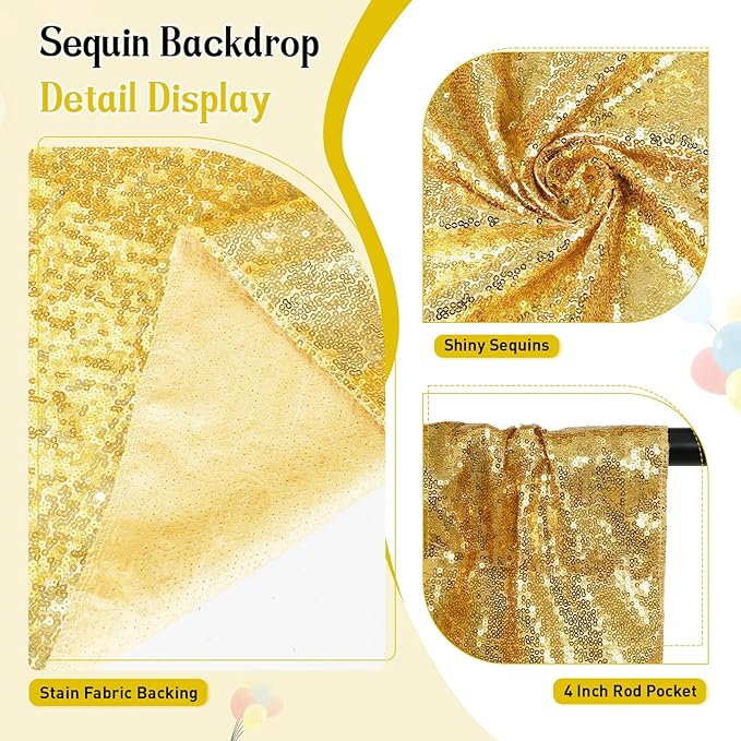 SquarePie Sequin Backdrop Less See Through Thick Background for Photography Glitter Curtain Party 6FT x 8FT Gold