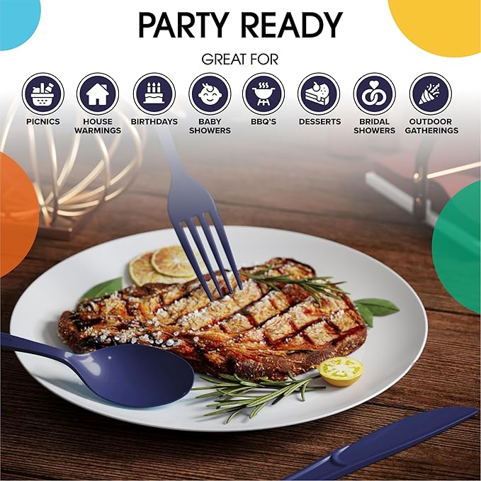 Spoons and Cutlery Set, Navy Plastic, 300 Count, Heavy Duty