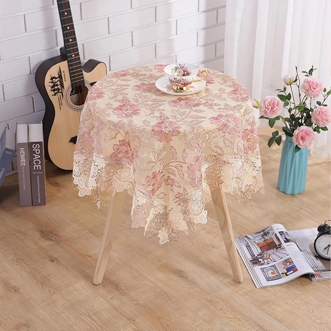 Round Embroidered Lace Tablecloth Vintage Decorative Exquisite Border Table Cover for Party Wedding Home Decorations, Round-60, Pink