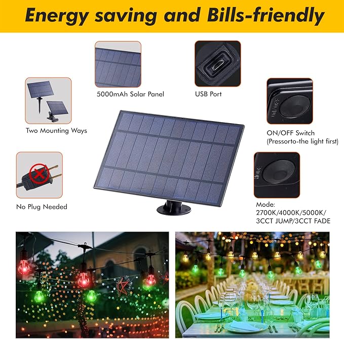 String Lights, Solar Outdoor, 8 Colors and 6 Modes, IP65 Waterproof