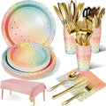 141 Pieces Rainbow Gold Party Supplies, Party Dinnerware Sets Include Paper Plates Napkins Cups Silverware, for Wedding Bridal Shower Engagement Birthday Parties Decoration -20 Serves