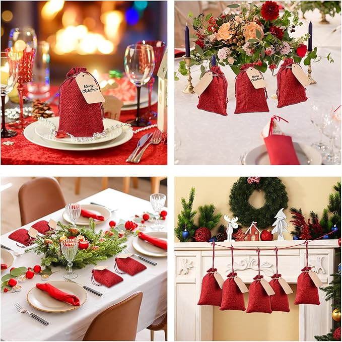 Gift Bags, 100 Burgundy Burlap Drawstring Pouches with Kraft Tags