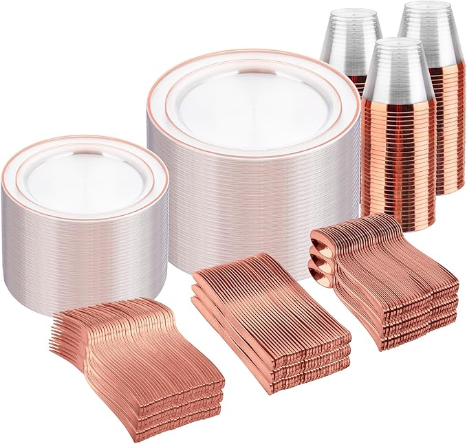 Plates Set, Clear Rose Gold Plastic, 600 Pieces for 100 Guests