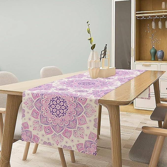 Purple Pink Mandala Table Runner, Traditional Indian Boho Mandala Flowers Print Table Runne for Kitchen Dining Table Office Wedding Party Holiday Home Decor, 13x60inch