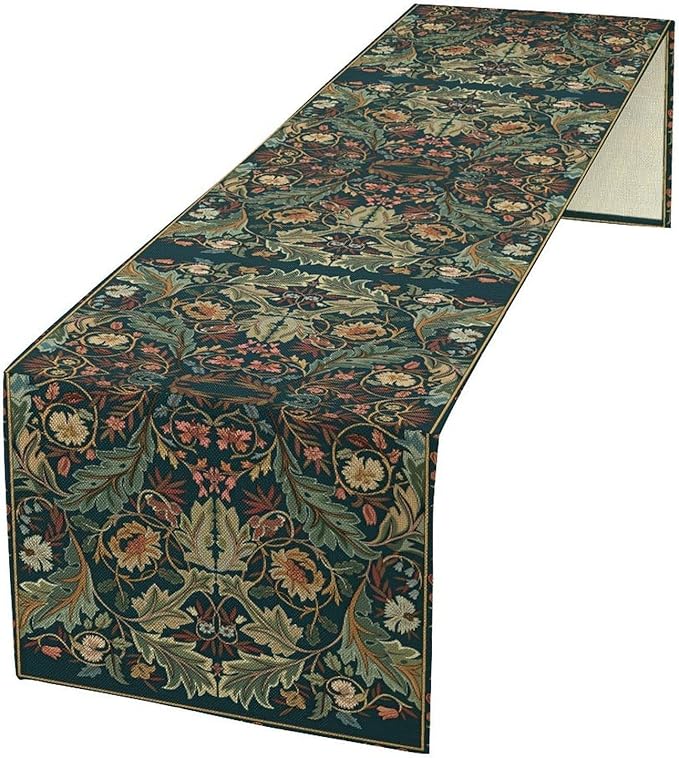 Green Morris Floral Table Runner, Boho Rustic Country Farmhouse Teal Red Rose Pattern for Home Kitchen Table Decor Dining Coffee Room Party Decor 13x120in