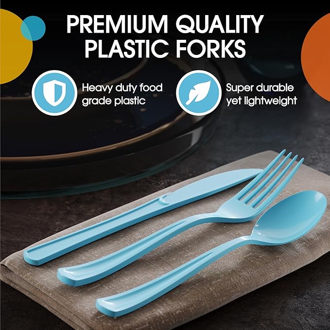 Plastic Spoons, Forks and Knives Set, Light Blue, 300 Pieces
