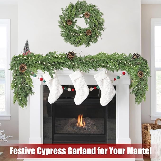 Christmas Garland, 6 Ft Dark Green with Pinecones and White Beads