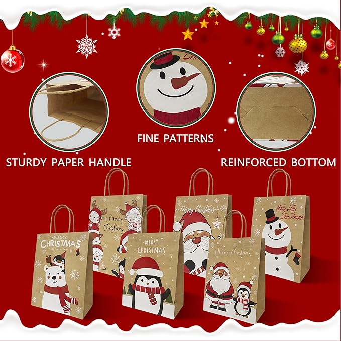Gift Bags with Handles, 24 Count Kraft Paper Christmas Designs
