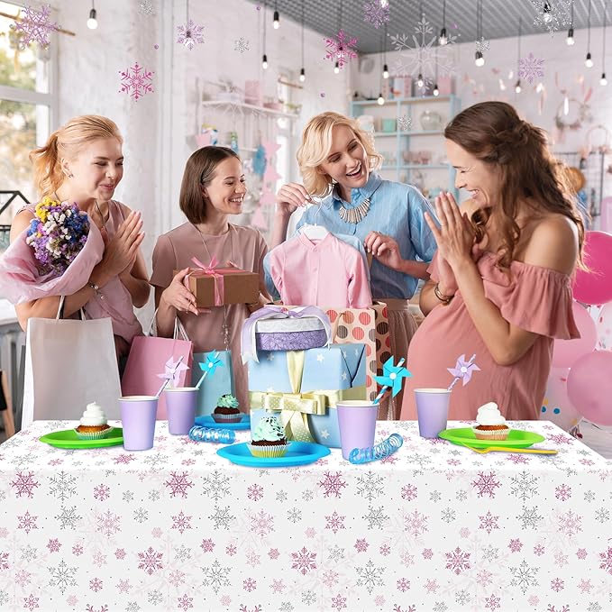 6 Pcs Christmas Snowflake Party Tablecloths Decorations,Plastic Pink Winter Onederland Rectangle Table Cover for Christmas New Year Girls 1st Birthday Baby Shower Holiday Party Decorations,54x108 inch