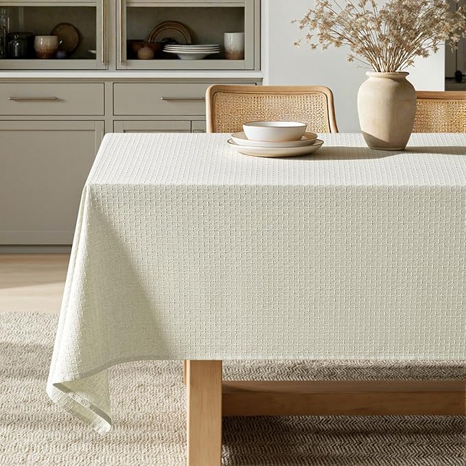 MIULEE Ivory Linen Cottton Table Cloth Rectangle Tablecloth Waterproof Spillproof Cross-Star Textured Table Cltoth Decorative Farmhouse Style for Dining Party Weddings 52x70 Inch