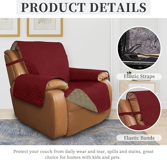 Sofa Slipcover for Recliner, Reversible Waterproof, Red and Beige