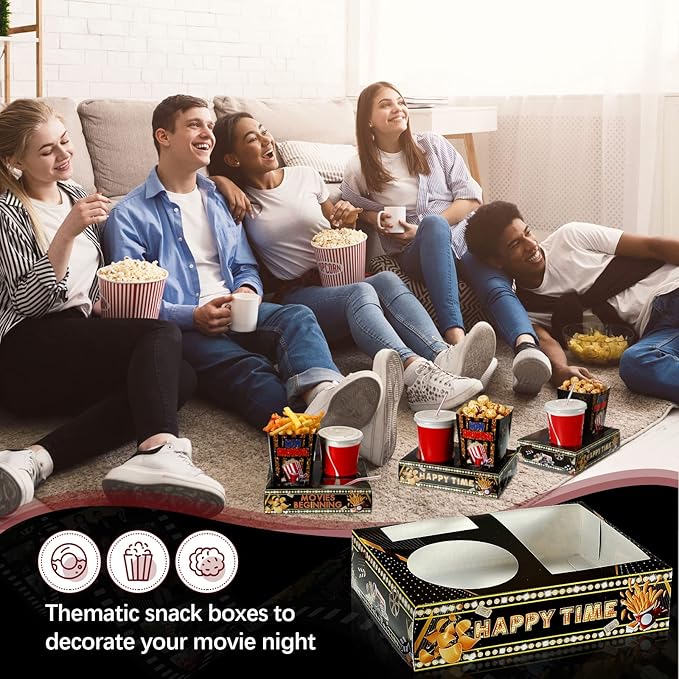 Faccito 36 Pcs Movie Night Snack Trays Movie Theater Snack Boxes Night Supply Disposable Paper Holder Tray for Popcorn Food Candy Drink Party 8 x 6 Inch(Black Gold,Cute Style)