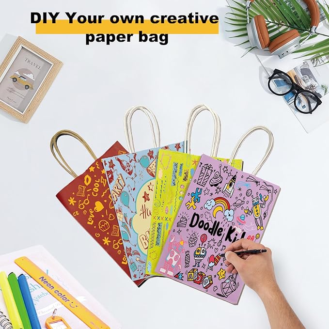 BAG BOX 25 Pack Small 5.9x3.1x8.25 Inch Green Kraft Paper Gift Bags with Handles for Bulk Shopping, Retail, Craft, Party Favors, Wedding, Grocery & Sacks