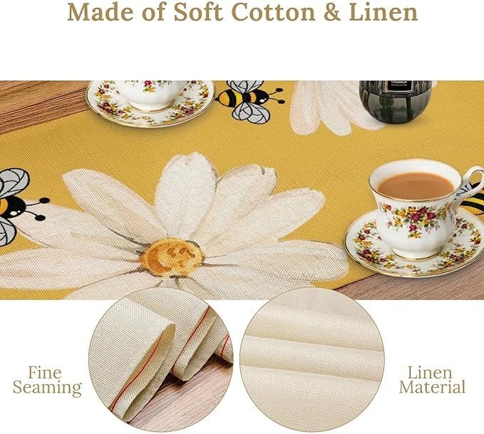Daisy Flower Table Runner, Summer Spring Seasonal Watercolor Wildflower Yellow Bee Print Table Cover for Home Party Decor Kitchen Dining Table, 13x90inch