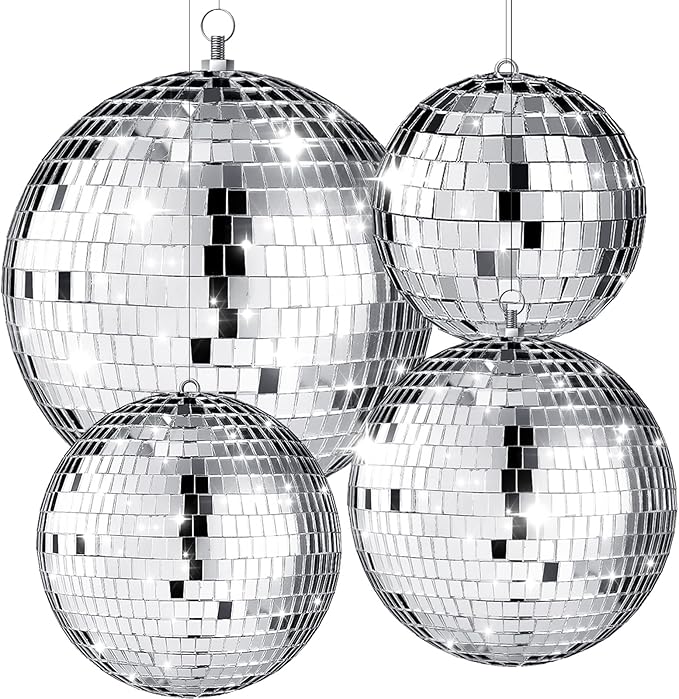 Disco Ball Party Decorations, 4 Pack Silver Mirror Balls, 4 to 12 Inch