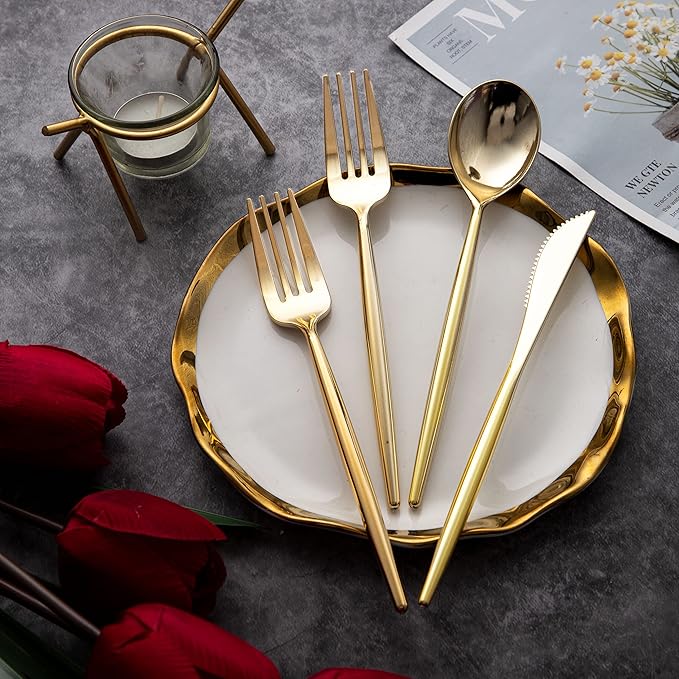 Forks Set: 102 Pieces Gold Plastic Disposable Cutlery with Knives and Spoons