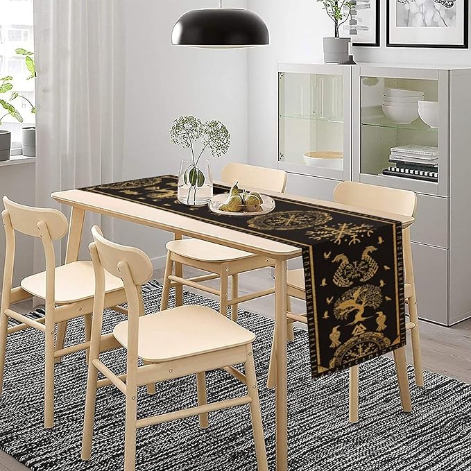 Viking Tree of Life Abstract Table Runner for Living Room Home Party Coffee Dining Party Wedding Golden Black Celtic Style Geometric Dragon Boat Rudder Ancient Script Table Runner 13x60 Inch