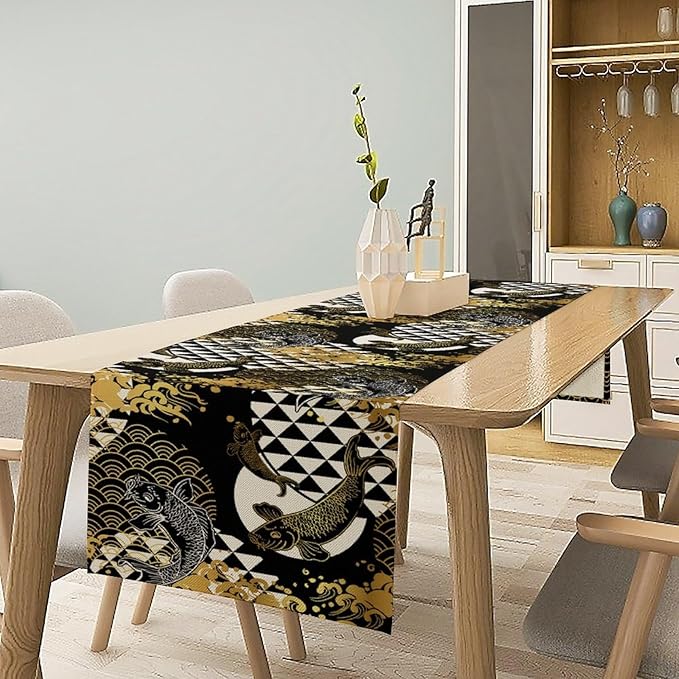 Japanese Table Runner Oriental Tradition Kio Fish Gold Art Printed Burlap Runner Home Kitchen Dining Table Living Room Decor Fabric 1 Panel W13xL70in