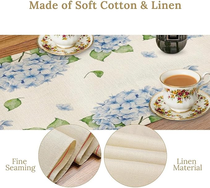 Watercolor Hydrangea Flower Table Runner, Spring Summer Seasonal Plants Butterfly Blue Dinner Runner for Home Kitchen Dining Table Party Holiday Decoration 13"x120"