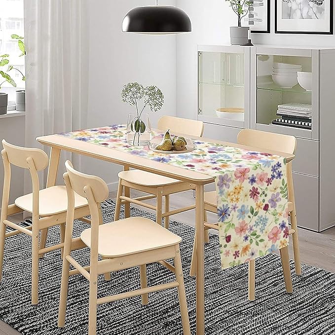 Floral Decorative Table Runner, Watercolor Floral Botanical Rustic Modern Style Pattern Printed Long Table Runner for Restaurant Kitchen Party,13in（33cm） W * 90in（229cm） L