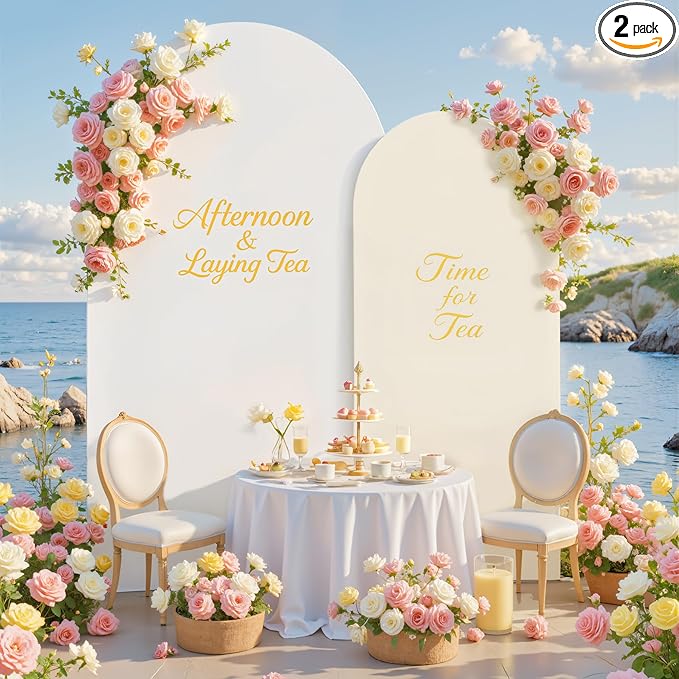 White and Beige Arch Backdrop Cover for Wedding, 7.2FT 6FT Set of 2 Stretchy Spandex Fitted Arch Stand Cover for Baby Shower, Birthday Party Decor, Chiara Backdrop Cover with Double-Sided Design