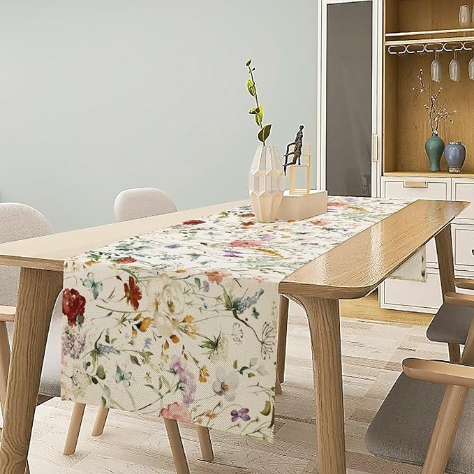 Floral Butterfly Table Runner,Rustic Colorful Flower Botanical Watercolor Pattern Print Burlap for Hotel Indoors Outdoor Dining Room Kitchen Holiday Party, 13x108in