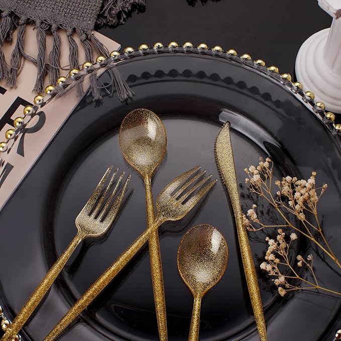 Plastic Spoons, 180 Count Gold Glitter Party Flatware Set