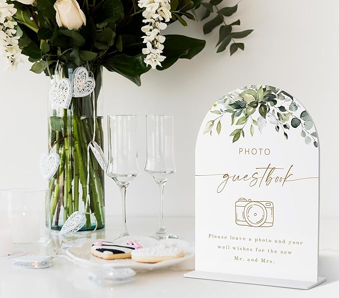 Photo Guestbook Sign, Greenery Gold Bridal Shower Decorations, Wedding Guestbook Sign, Marriage Signs for Ceremony and Reception, Engagement Decorations, Wedding Table Acrylic Decor - 26