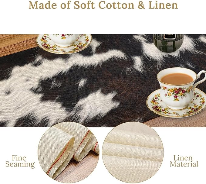 Cow Print Table Runner, Brown Cowhide Print Western Style Table Runner Country Farmhouse Cottage Cow Patten Table Decoration for Home Kitchen Dining, 13x60 Inch