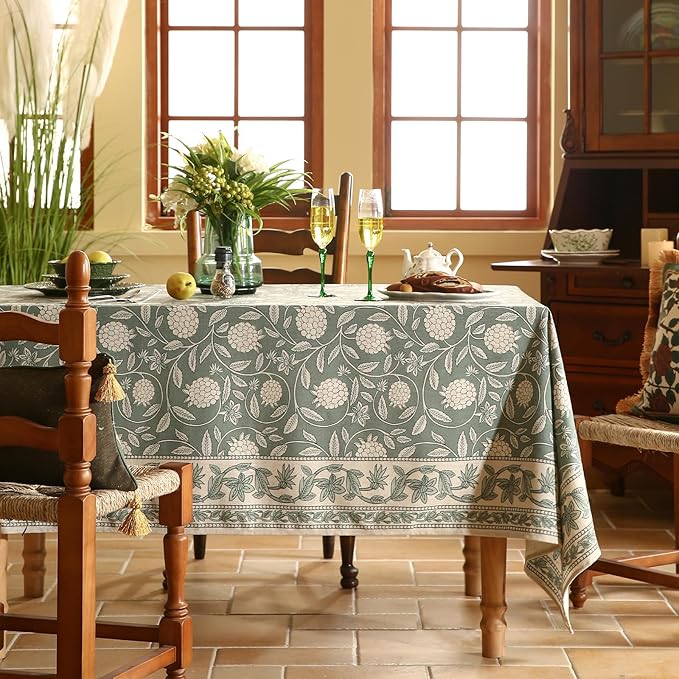 Tablecloth 55 x 71 Inch Rectangular, Grayish Green Linen-Blend Floral