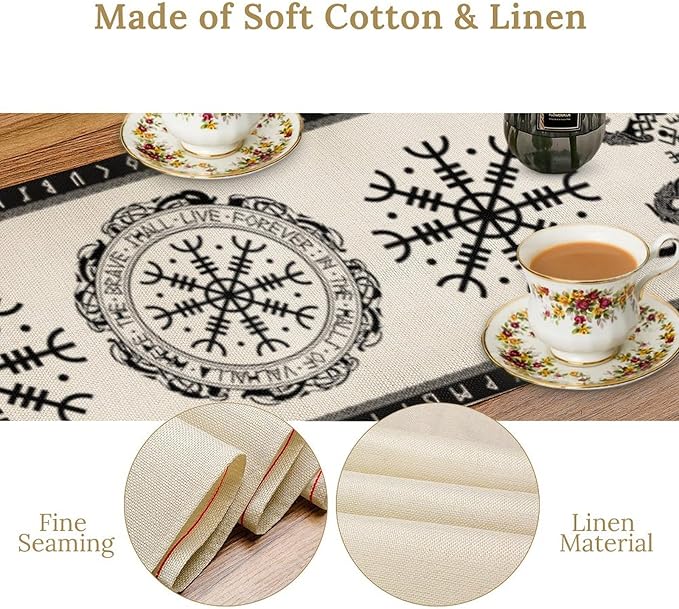 Ancient Abstract Pattern Table Runner, Tree of Life Eagle Dragon Boat Rudder Black and White Table Runner 13x60 Inch