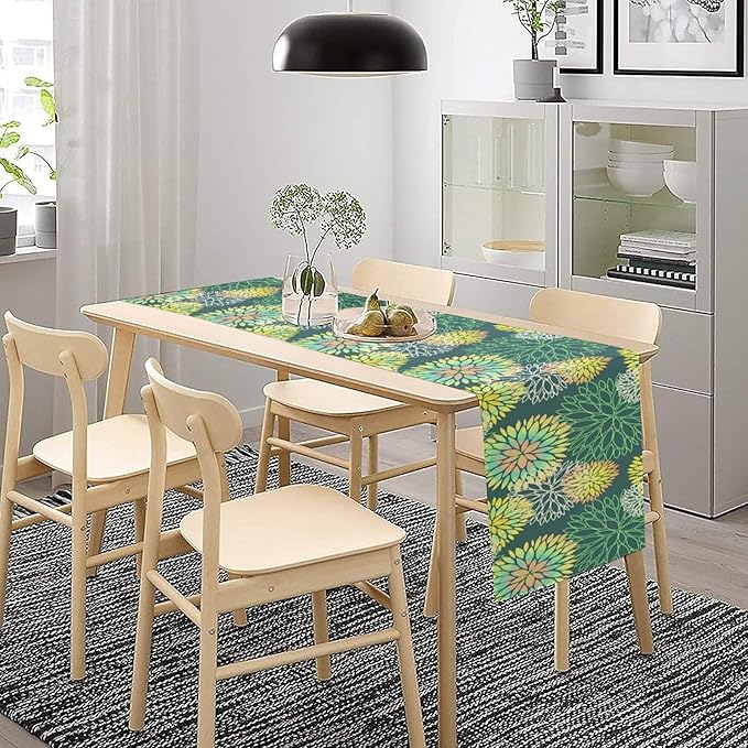 Green Dahlia Flower Table Runner, Linen Geometric Pattern Floral Table Decor Spring Farmhouse Decorations for Kitchen Dining Holiday Party Decor, 13x108 Inch