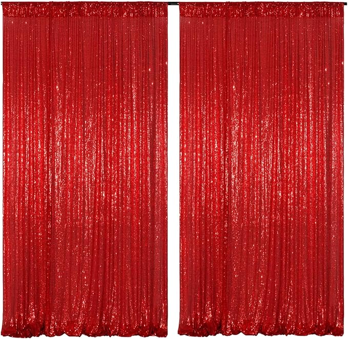 Red Sequin Backdrop Panels, Set of 2, 5 x 10 Ft Glitter Curtains