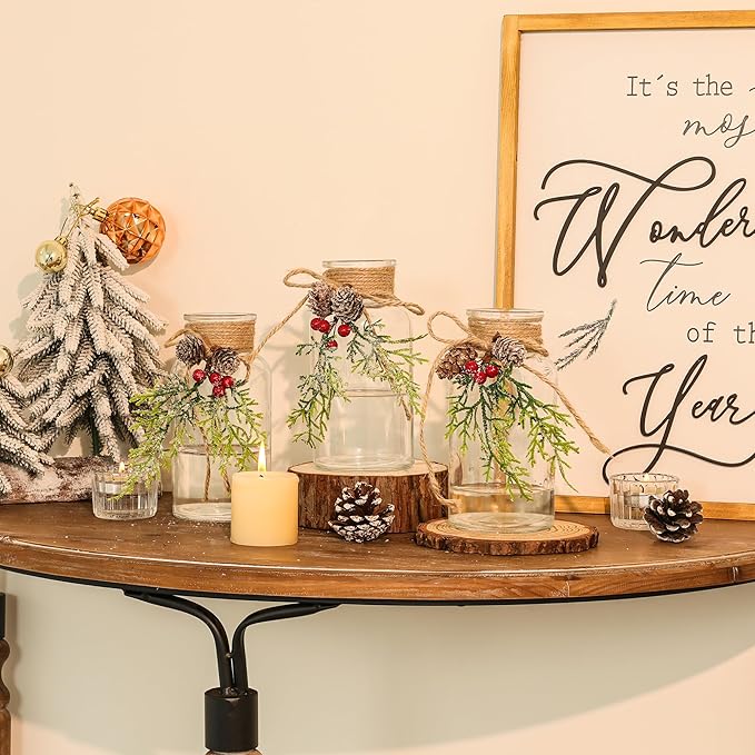 Set of 6 Xmas Decor Vases Christmas Centerpieces for Tables Farmhouse Holiday Table Decor Clear Glass Vases with Twine Ties for Christmas Decorations
