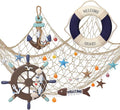 Marsui 11 Pcs Wooden Nautical Wall Decor Fishing Net Decoration, Include Decorative Fishing Net, Ship wheel, Fish Skeleton, Life Ring, Anchor, Starfish Beach Decor for Mediterranean Party (Brown)