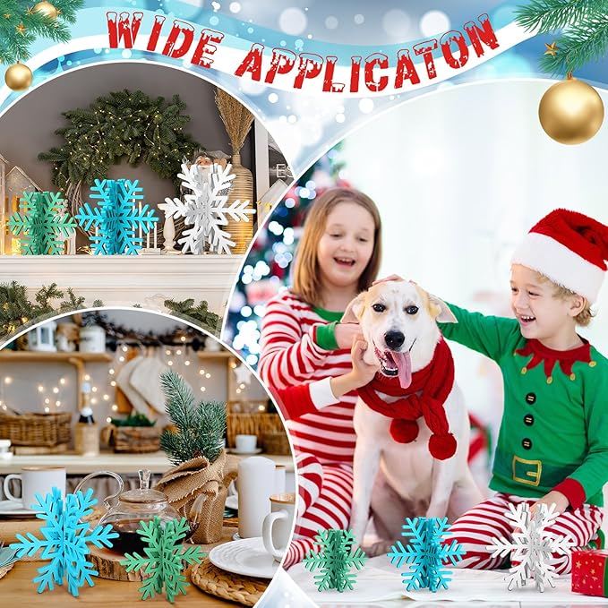 Bucherry 12 Pcs Wooden Snowflake Table Decor 3D Snowflake Tabletop Signs and Centerpiece for Christmas Xmas Winter Wonderland Decorations Home Party(White, Blue, Green)