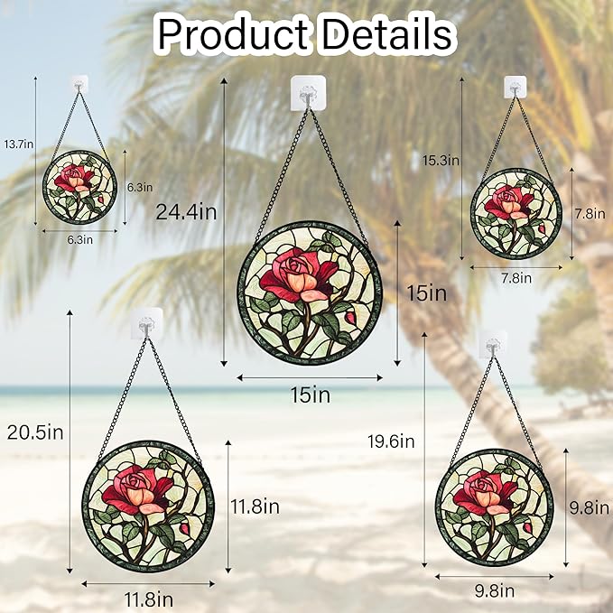 Stained Glass Window Hanging, Red Rose Flowers Sun Catcher for Door Garden Home Decor Suncatcher Christmas Mother's Day Birthday Gifts for Women Lovers Men Wife Girlfriend Mom Nana 15 in