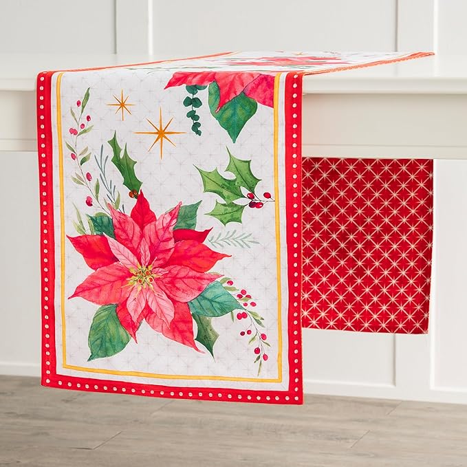 Maison d' Hermine Table Runner 100% Cotton Double Layer Table Runners 108 inches Long for Thanksgiving Christmas Decorations Home Kitchen Dining Party Wedding (Poinsettia Christmas, 14.5" x 108")