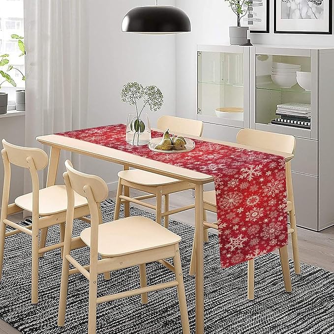 Snowflakes Christmas Table Runner, Winter Holiday Red Table Cloth Kitchen Dining Table Decoration for Home Party Decor 13x120 Inch