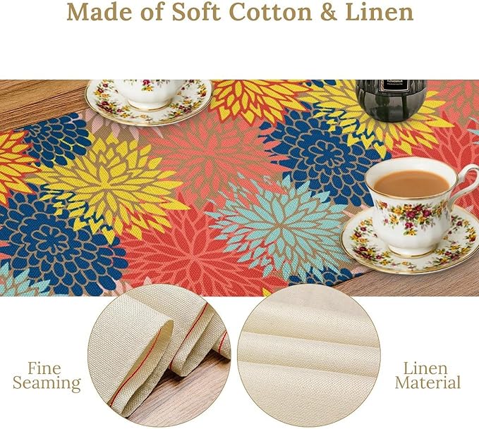 Dahlia Flowers Table Runner Colorful Floral Teal Grey Pink Yellow Blue Abstract Table Runner Kitchen Dining Party Decor Living Room, 13x108 Inch