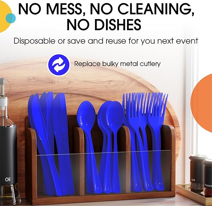 Disposable Plastic Cutlery Set, 300 Pieces, Dark Blue