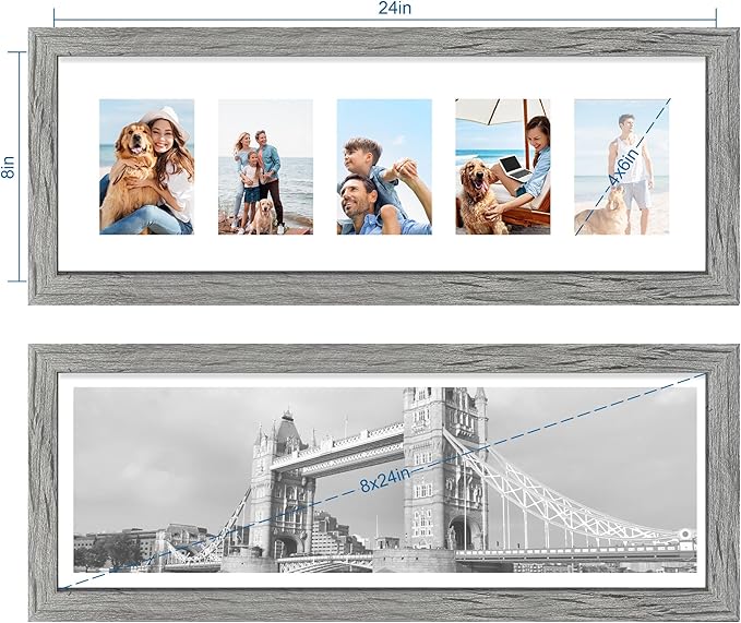 8x24 Picture Frame 2 Pack, Rustic Grey Wood Frame with Tempered Glass, Display Pictures Multiple Five 4x6 With Mat or 8 x 24 Without Mat - Horizontal or Vertical Wall Mounting