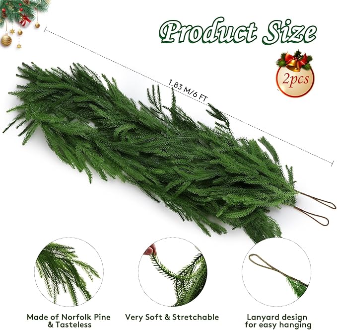 Artificial Norfolk Pine Garland, 2 Pack, 6 Ft Each, Green