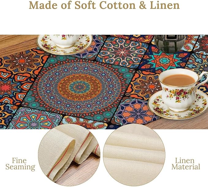 Bohemian Table Runner, Colorful Vintage Indian Mandala Floral Table Runners for Kitchen Dining Coffee Table Indoor Outdoor Party Decor, 13x90inch