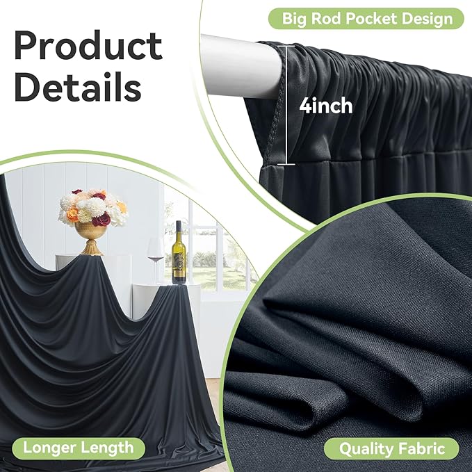 10ftx12ft Wrinkle Free Black Backdrop Curtain, 2 Panels 12FT Height Black Wedding Backdrop Drapes, Silky Polyester Back Drop Cloth for Birthday Photography Background Party Backdrop Draping