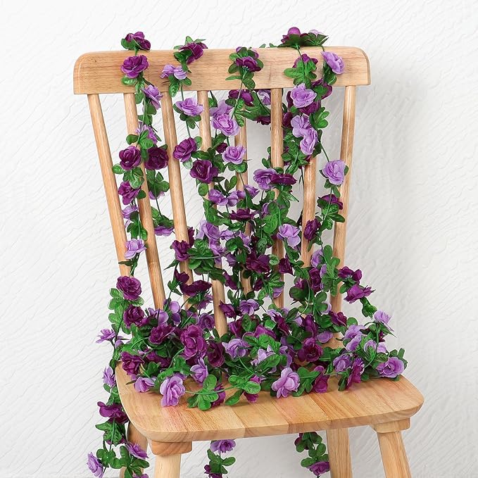 KHOYIME 18 Pack 144 FT Artificial Flower Garland, Fake Purple Roses Vines Silk Flowers Faux Plastic Outdoor Hanging Floral Ivy Garland Decoration for Wedding Arch Bedroom Home Wall Backdrop Room Decor