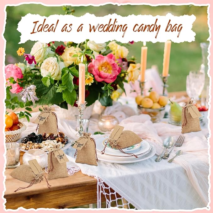 Burlap Gift Bags 100 Count, Dark Brown Drawstring Bags with Kraft Tags